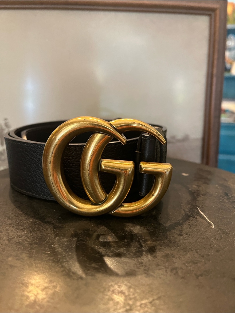 Gucci Black Leather Belt with Brass Double G Buckle